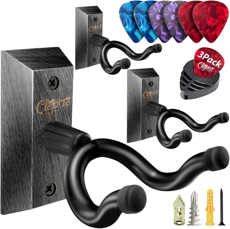ClefArc Guitar Wall Mount - 3 Pack Black Hardwood Guitar Wall Hangers, Guitar Picks, Pick Holder, Guitar Accessories, U-Shape Hardwood Guitar Hanger, Gifts for Guitarists, with 6 Assorted Guitar Picks - Image 1